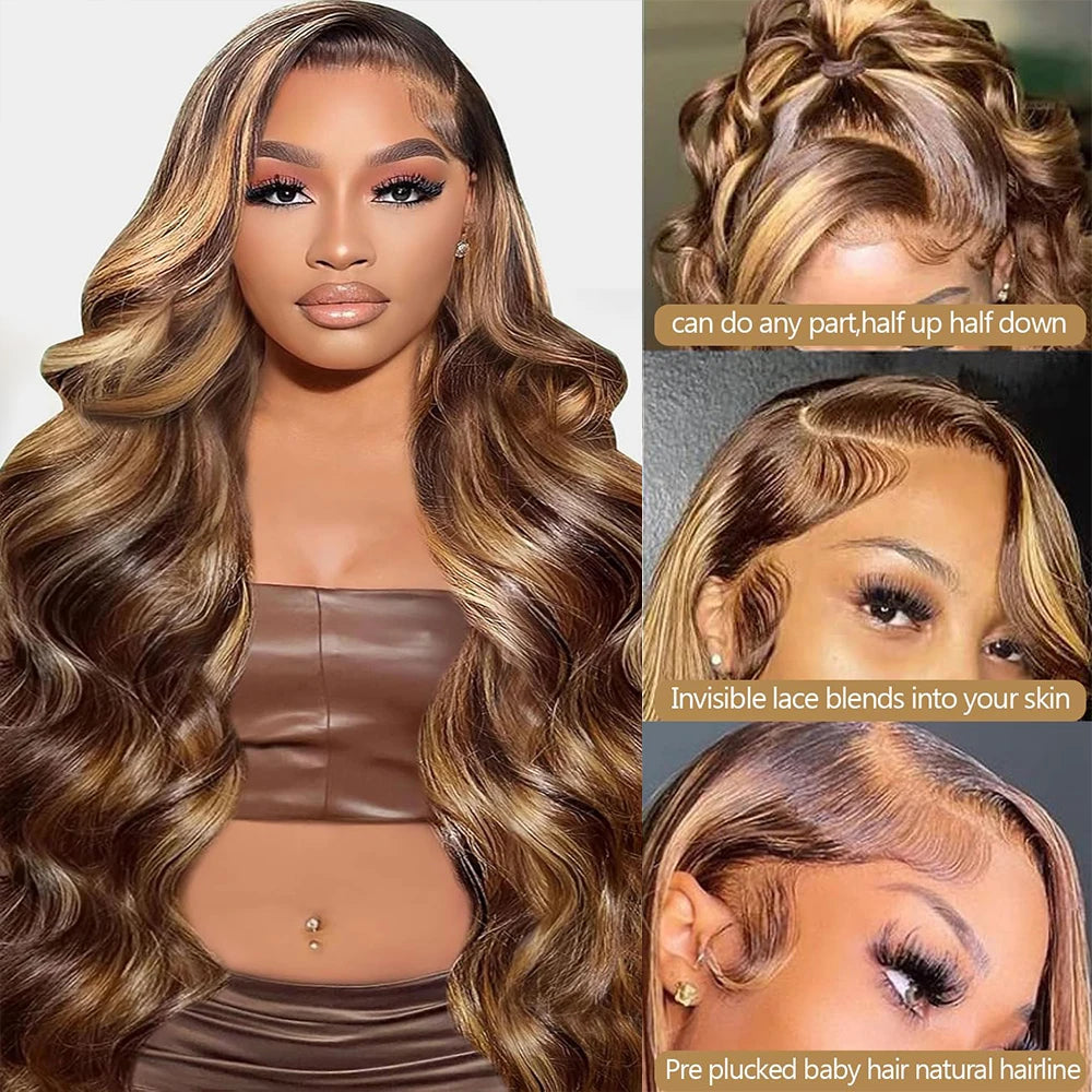 34 Inch Honey Blonde Ombre Body Wave Lace Front Wigs Human Hair 200 Density 4/27 Highlight 13x4 Lace Front Natural Black Wig Human Hair for Women Glueless Wigs Human Hair Pre Plucked HD Lace Frontal Wig