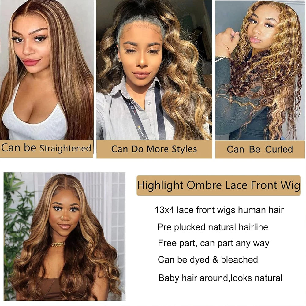 34 Inch Honey Blonde Ombre Body Wave Lace Front Wigs Human Hair 200 Density 4/27 Highlight 13x4 Lace Front Natural Black Wig Human Hair for Women Glueless Wigs Human Hair Pre Plucked HD Lace Frontal Wig