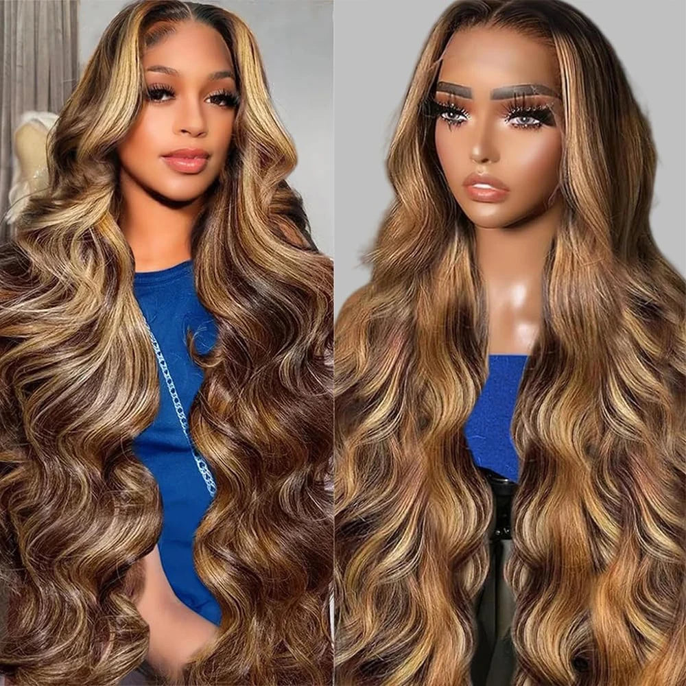 34 Inch Honey Blonde Ombre Body Wave Lace Front Wigs Human Hair 200 Density 4/27 Highlight 13x4 Lace Front Natural Black Wig Human Hair for Women Glueless Wigs Human Hair Pre Plucked HD Lace Frontal Wig