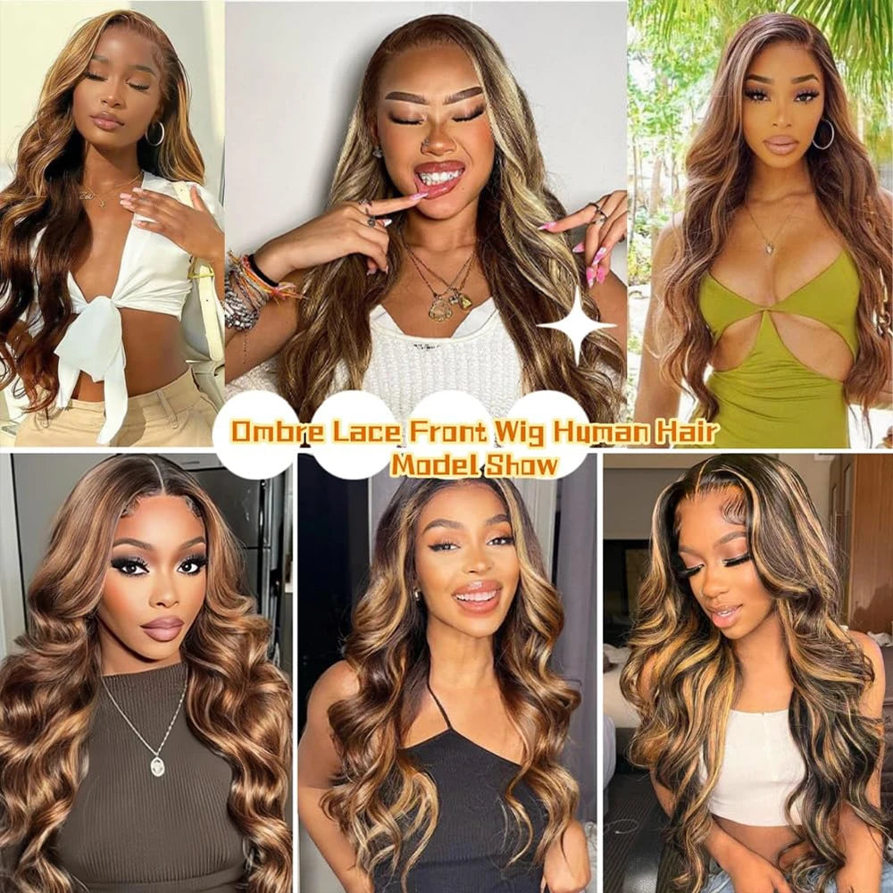 34 Inch Honey Blonde Ombre Body Wave Lace Front Wigs Human Hair 200 Density 4/27 Highlight 13x4 Lace Front Natural Black Wig Human Hair for Women Glueless Wigs Human Hair Pre Plucked HD Lace Frontal Wig