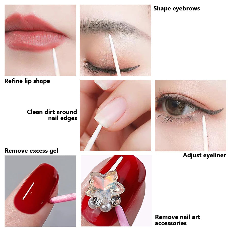 100Pcs Double-Ended Cotton Swabs Fine Pointed Tips for Nail Art Makeup Eyeliner Correction - Beauty Tools