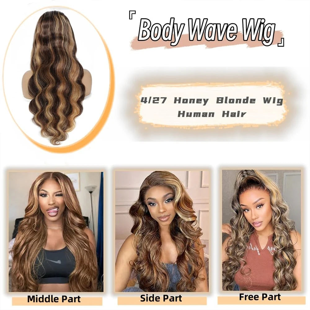 34 Inch Honey Blonde Ombre Body Wave Lace Front Wigs Human Hair 200 Density 4/27 Highlight 13x4 Lace Front Natural Black Wig Human Hair for Women Glueless Wigs Human Hair Pre Plucked HD Lace Frontal Wig